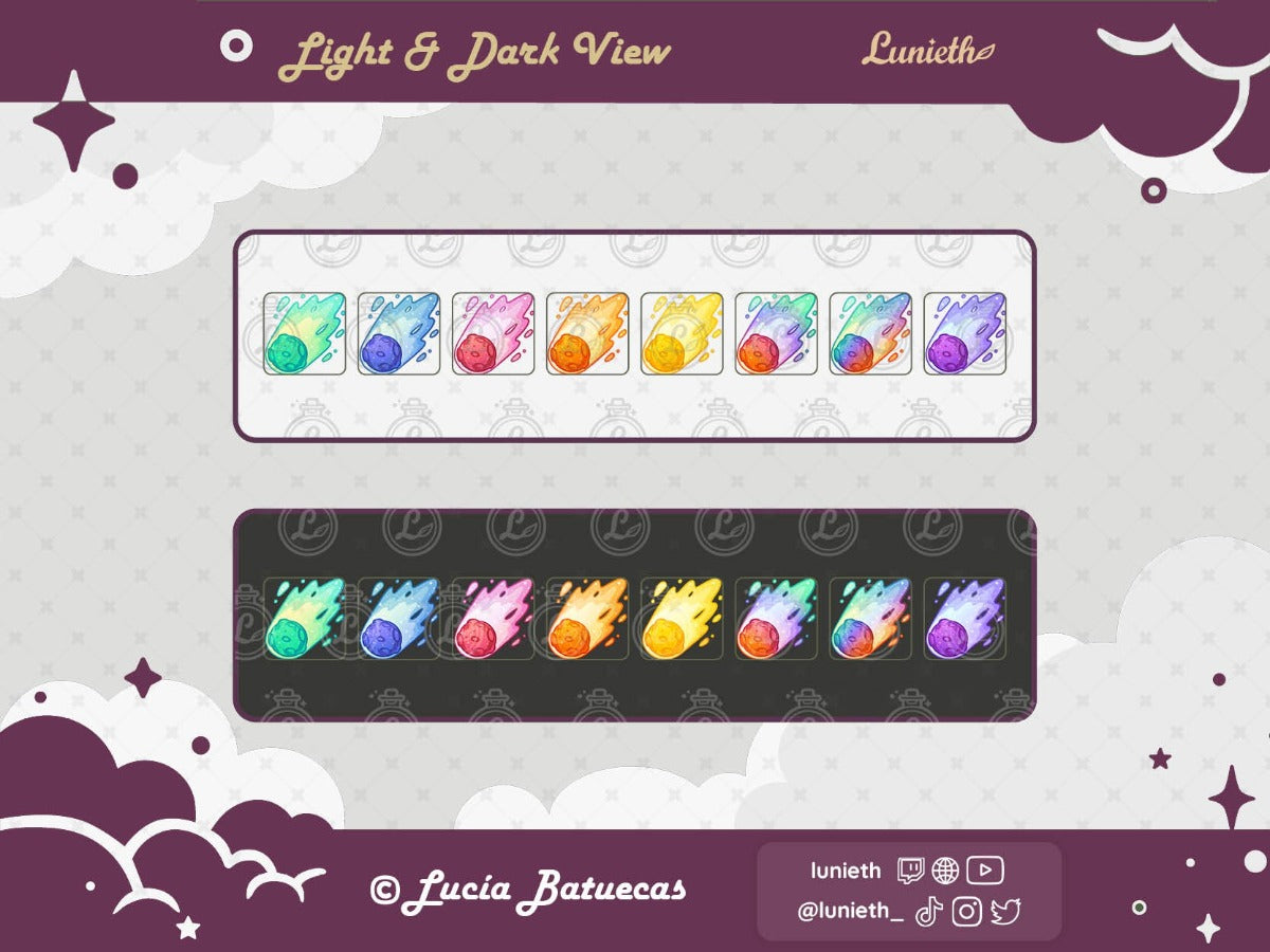  8 Falling Comet Emotes, each of it's own color - green, blue, pink, orange, yellow, rainbow 1, rainbow 2 and purple shown over light and dark background.