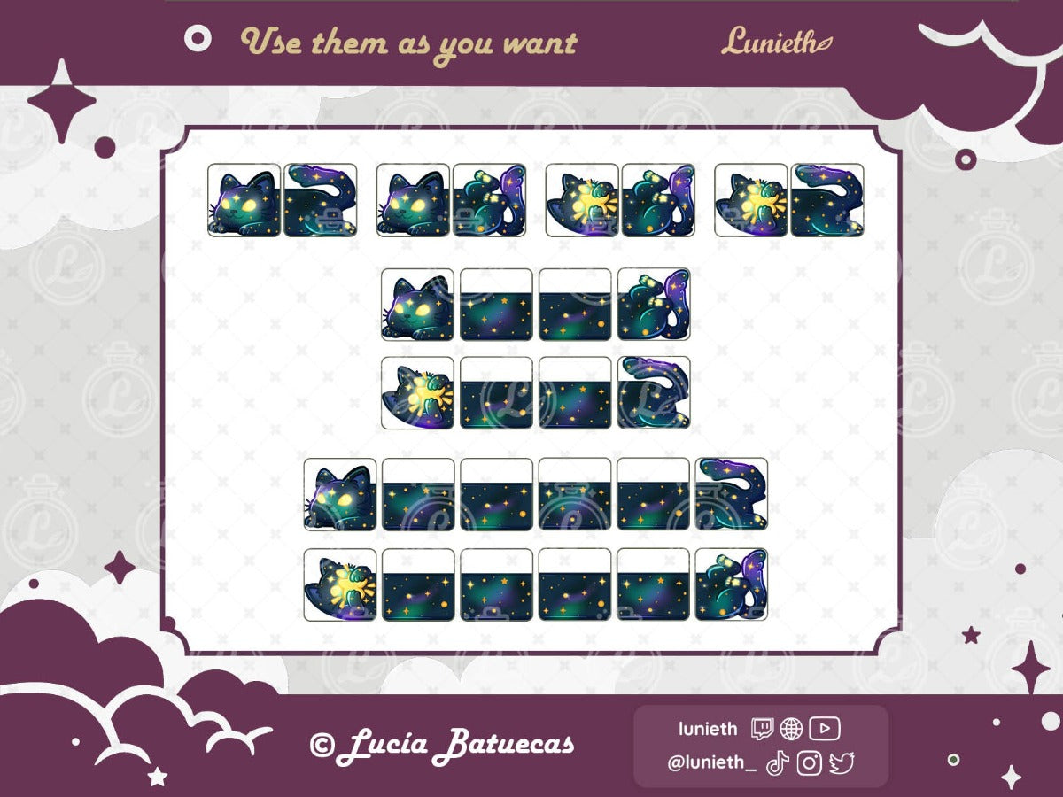 6 Blue Long Cosmic Cat Emotes displayed in different ways showing how you can use them together.