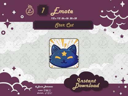 Blue Star Cat smiling with golden closed eyes design.