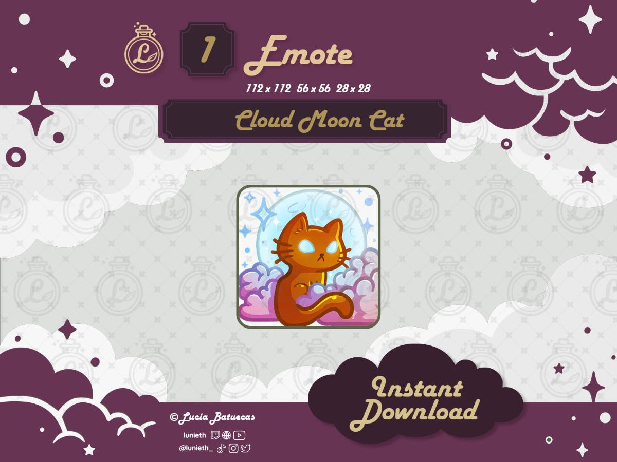 Sitting Orange Cat with Blue Moon and Clouds design.