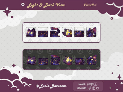 6 Purple Cosmic Long Cat designs to mix and match displayed over light and dark backgrounds.
