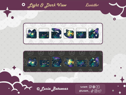 6 Blue Cosmic Long Cat designs to mix and match displayed over light and dark backgrounds.