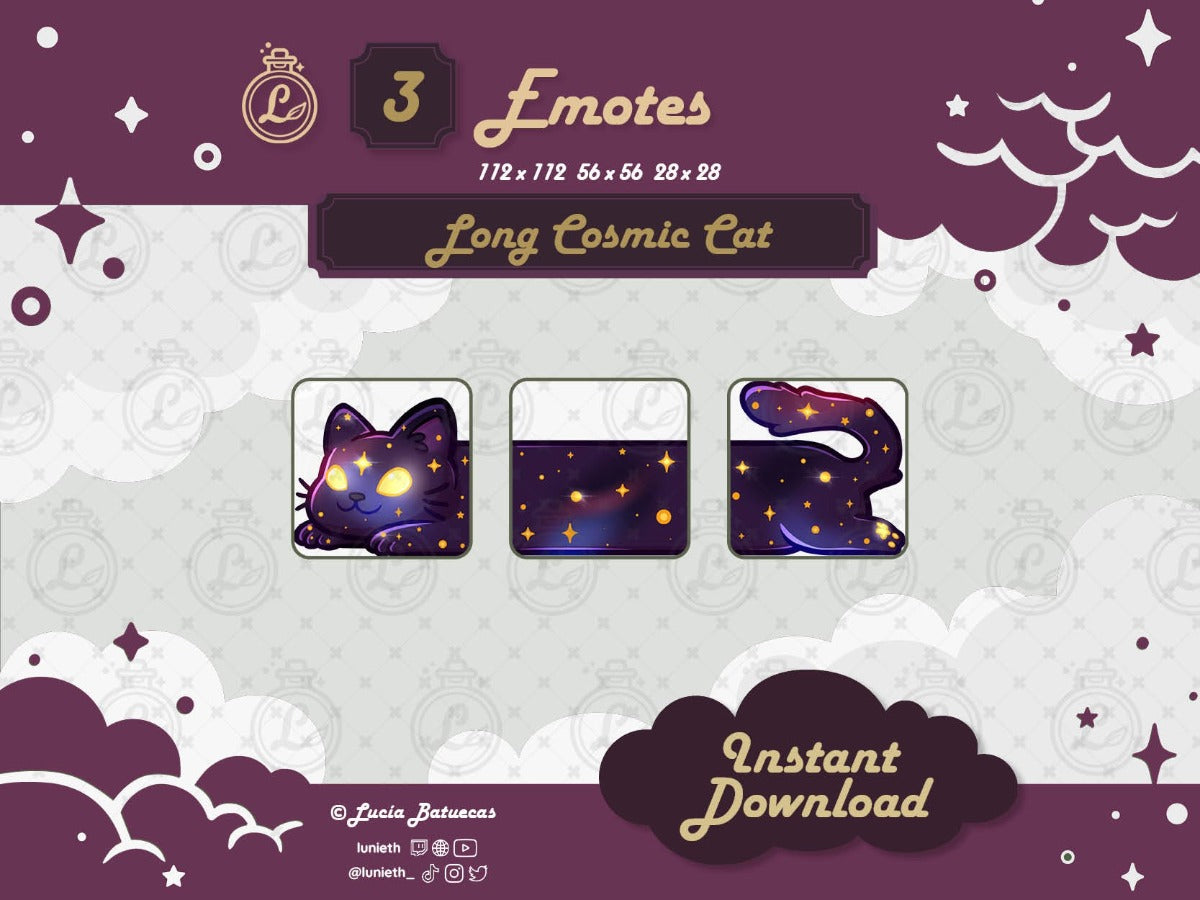 3 Emotes forming a Lying Purple Cosmic Long Cat designs.