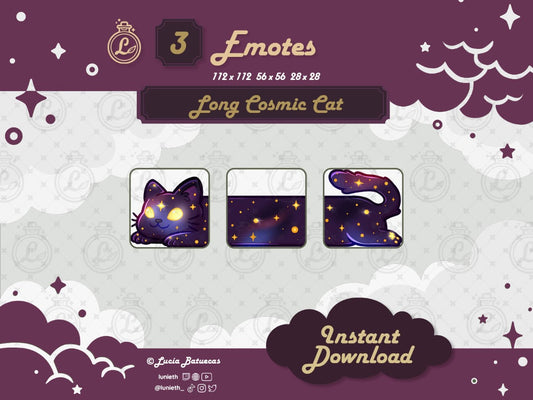 3 Emotes forming a Lying Purple Cosmic Long Cat designs.