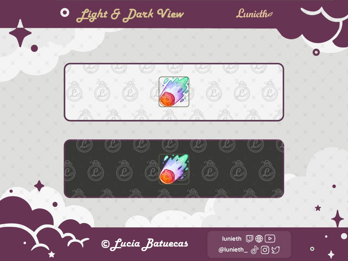 Rainbow 2 Falling Comet Emote design displayed over light and dark background.
